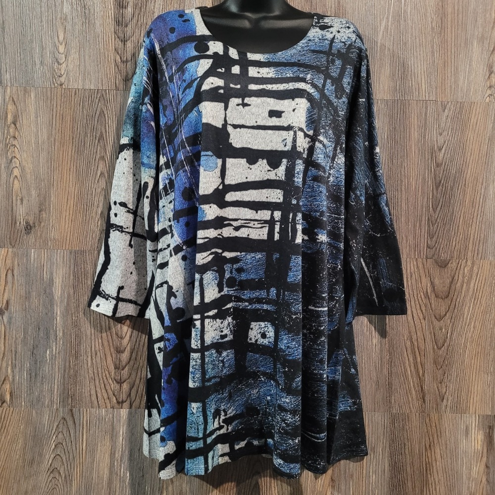 Et' Lois Art to Wear Tunic Oversize Large Blue/Black Knit 3/4 Sleeve Abstract